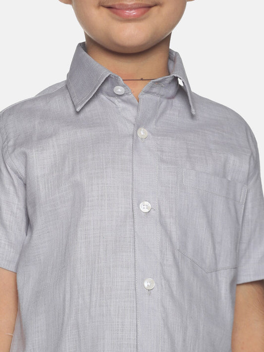 Sethukrishna Boys Grey & White Solid Shirt and Veshti Set