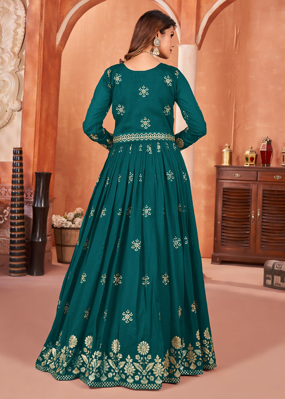 Rama Green Festive Embroidered Art Silk Anarkali Suit - Emponline