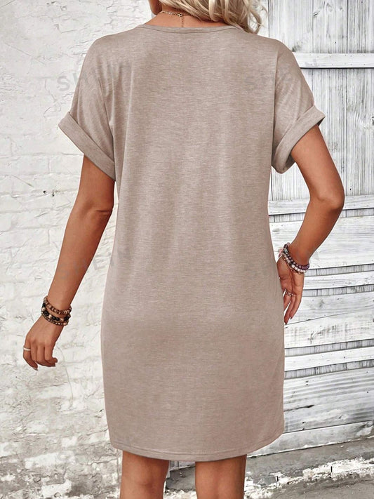 Elegant Button V-Neck Short Sleeve Dress Flattering Casual & Office Wear Simple Dress