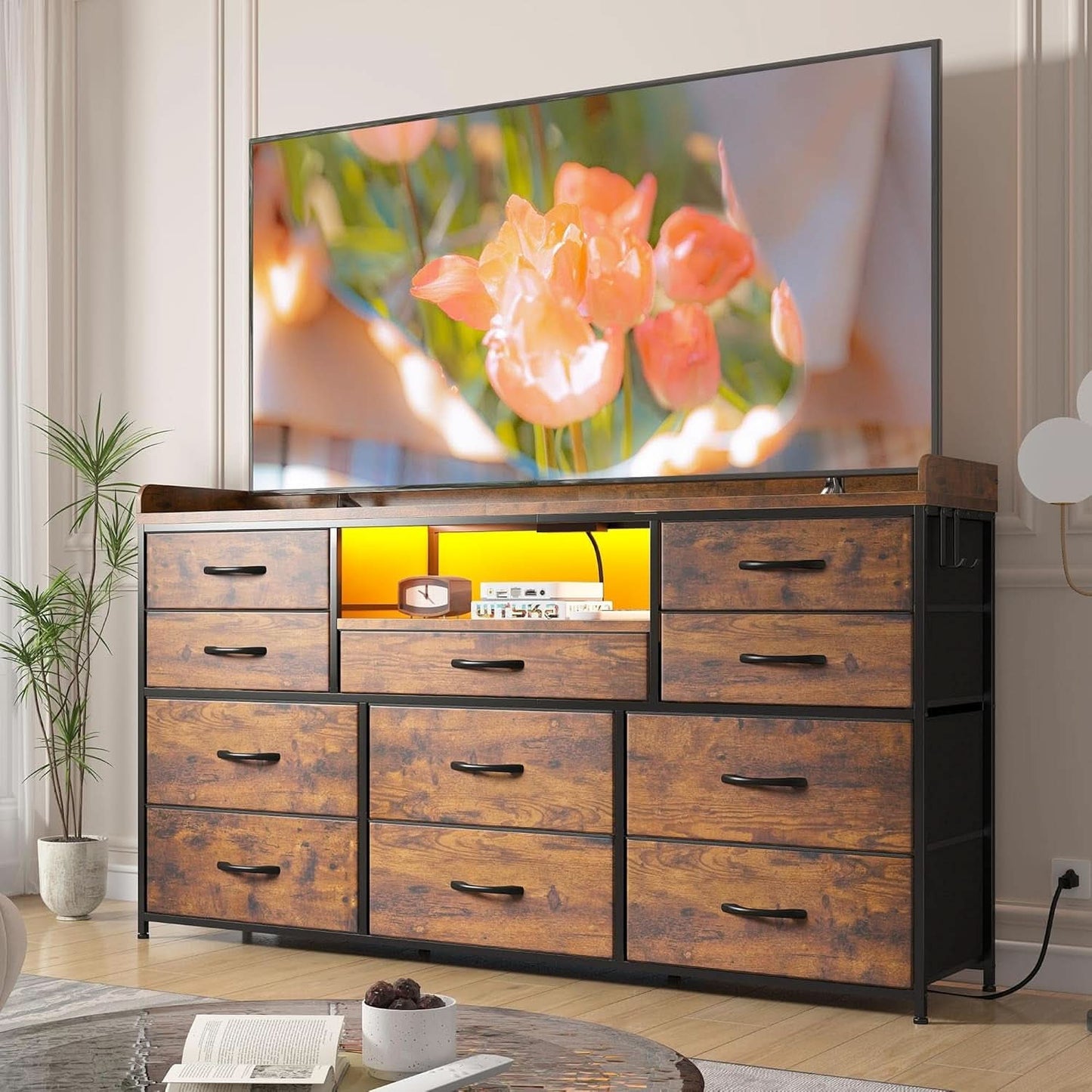 Dresser With 11 Drawers And LED Lights For Bedroom