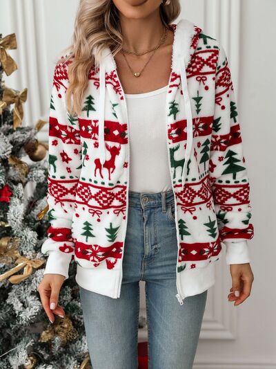 White Drawstring Christmas Element Zip-Up Hooded Jacket Winter Cute Stylish Holiday Outerwear For Her