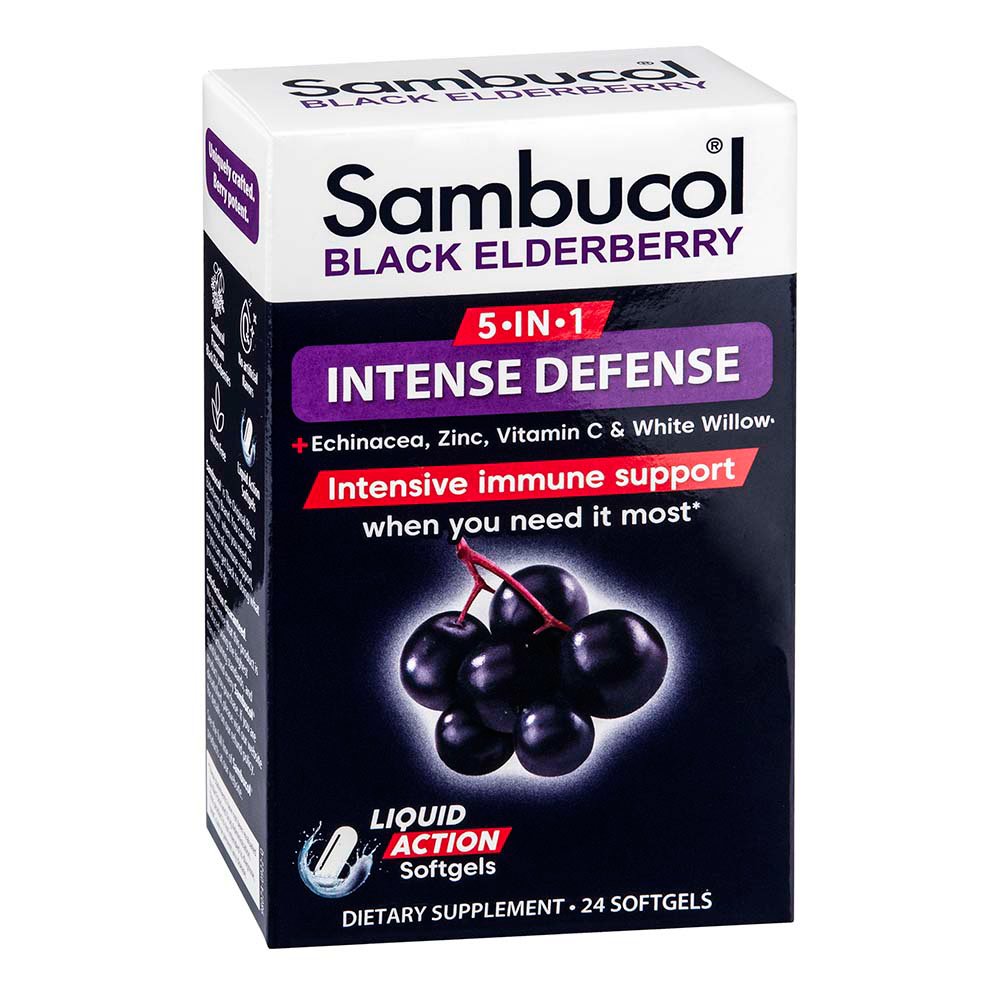 Sambucol 5-In-1 Intense Defense + Echinacea, Zinc, Vitamin C & White Willow, Black Elderberry, 24 Softgels