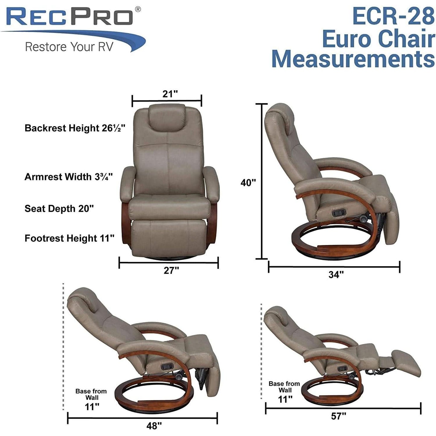 Charles 28in RV Euro Chair Recliner With Kickout Footrest