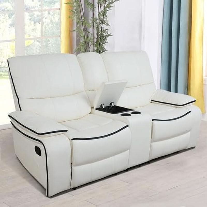 Creamy White Leather Recliner Sofa Set With Storage Console