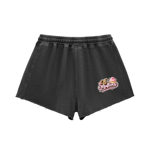 QE Muffins Snow Washed Raw Edge Drawstring Shorts