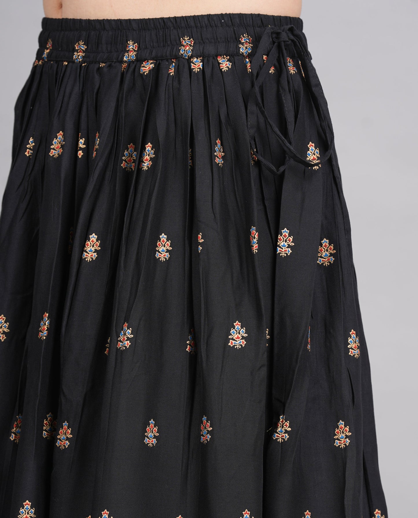 House of RP Women's Black & Golden Rayon Ethnic Printed Circular Skirt