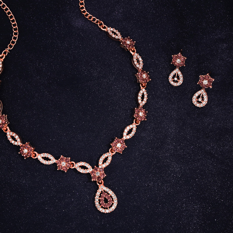 Tehzeeb Creations Elegant Rose Gold Polished American Diamond (Ad) Studded Necklace And Earring Set For Women