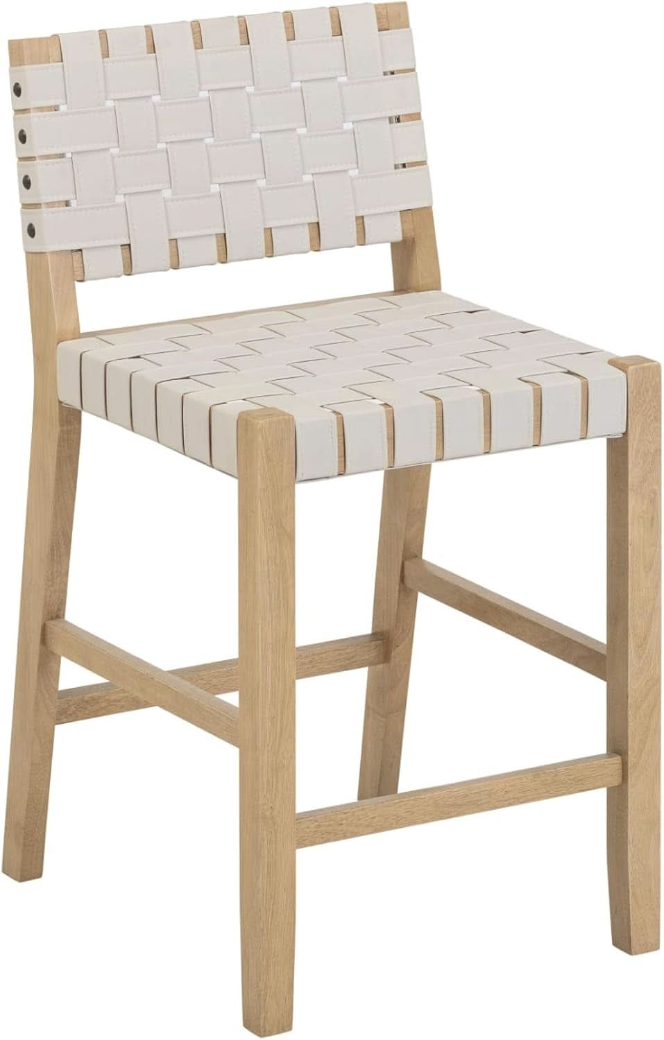 Mid Century Modern Bar Stool With Back In Off White Faux Leather
