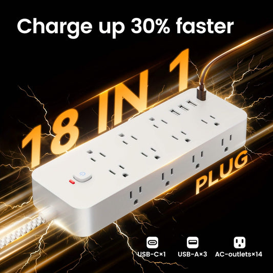 18-Outlet Power Strip with USB & Type-C â Surge Protection