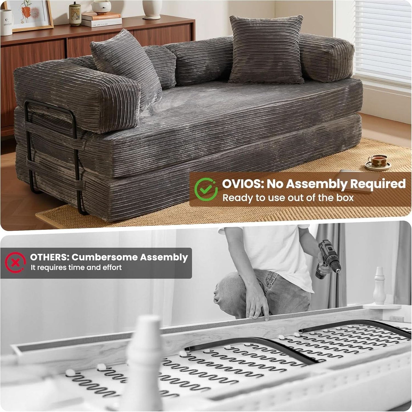 Grey Corduroy 81 Inch Ultracomfort Foldable SofaBed