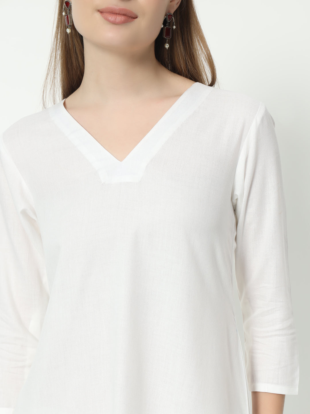 Fab Fashion White Pure Cotton V Neck Co-Ord Set