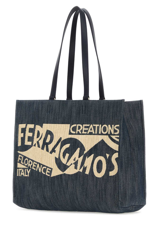 Salvatore Ferragamo Women Blue Denim Large Tt Sign Shopping Bag