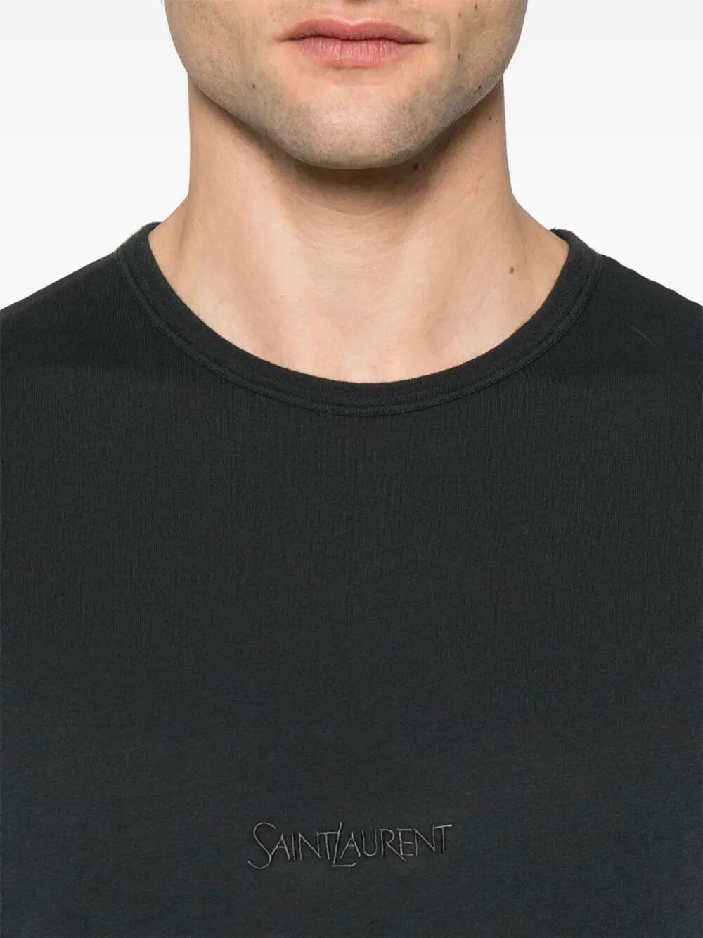 Saint Laurent Men Tonal Logo Embroidery Cotton T-Shirt