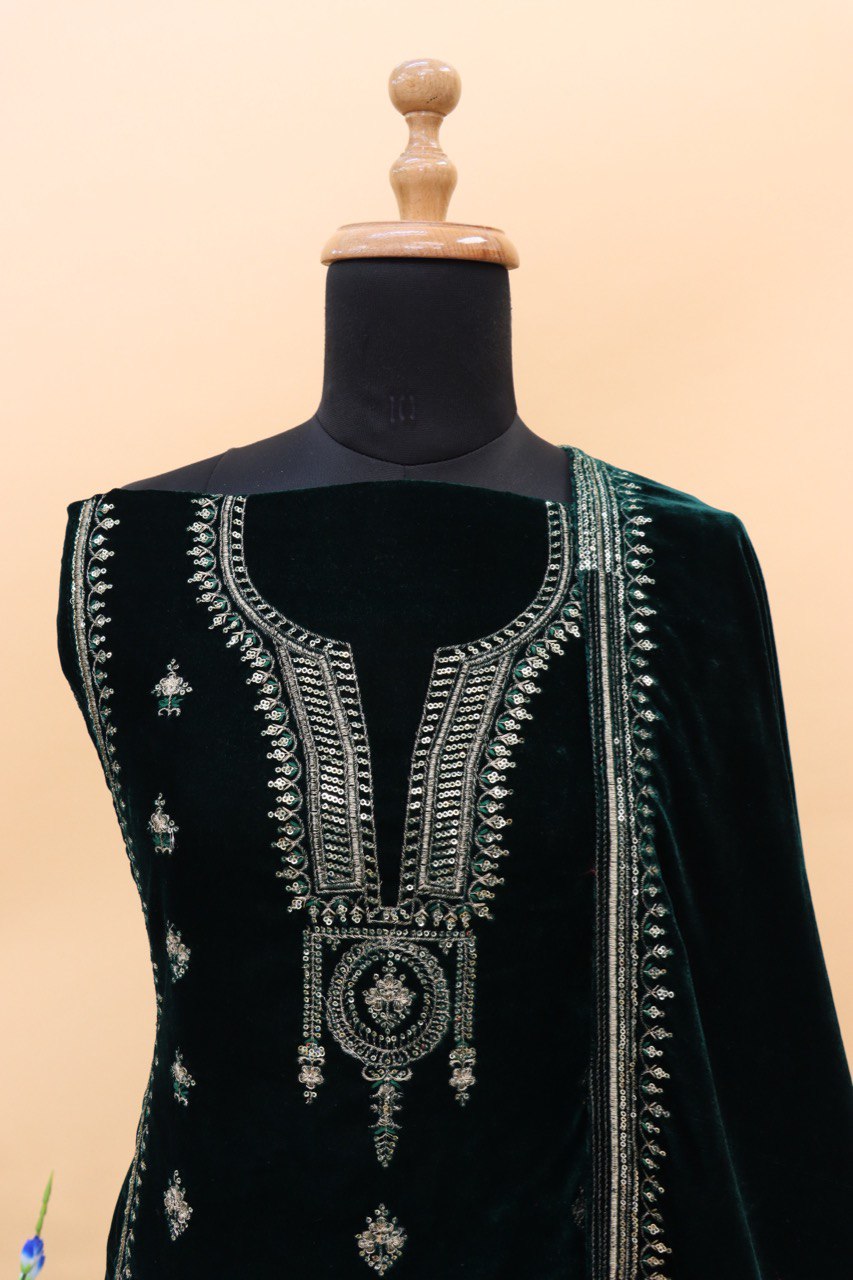 Lorenvalley Fashion Women Green Velvet Embroidered Salwar Suit Material