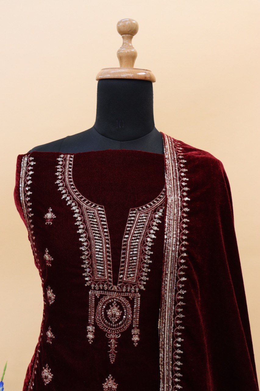 Lorenvalley Fashion Women Maroon Velvet Embroidered Salwar Suit Material