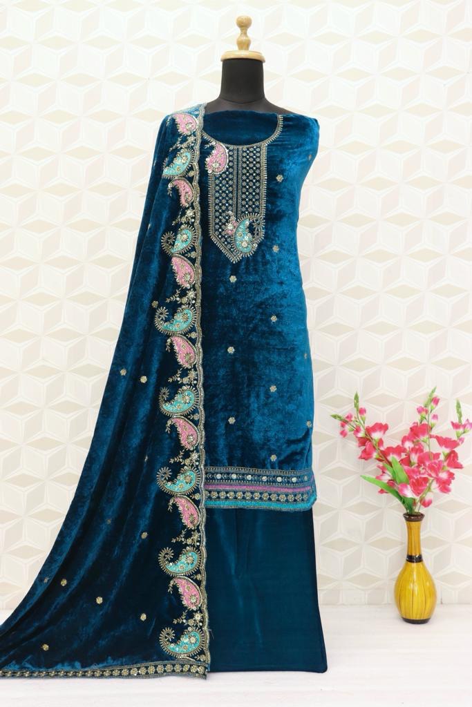 Lorenvalley Fashion Women Rama Velvet Embroidered Salwar Suit Material
