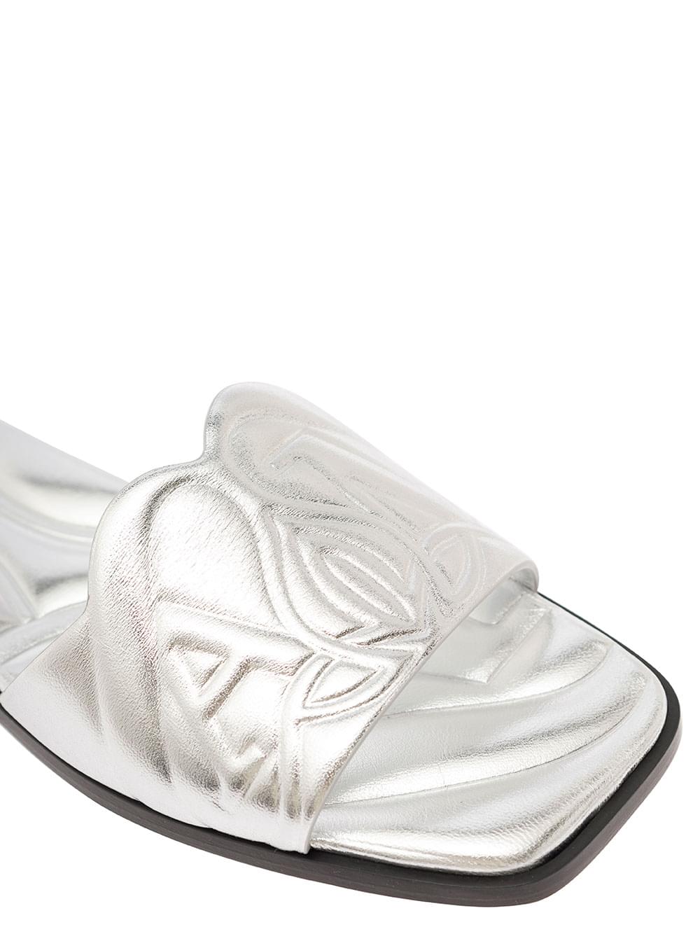 Alexander Mcqueen Women Metallic Flat Sandals With Embossed Motif In Metallic Leather Woman