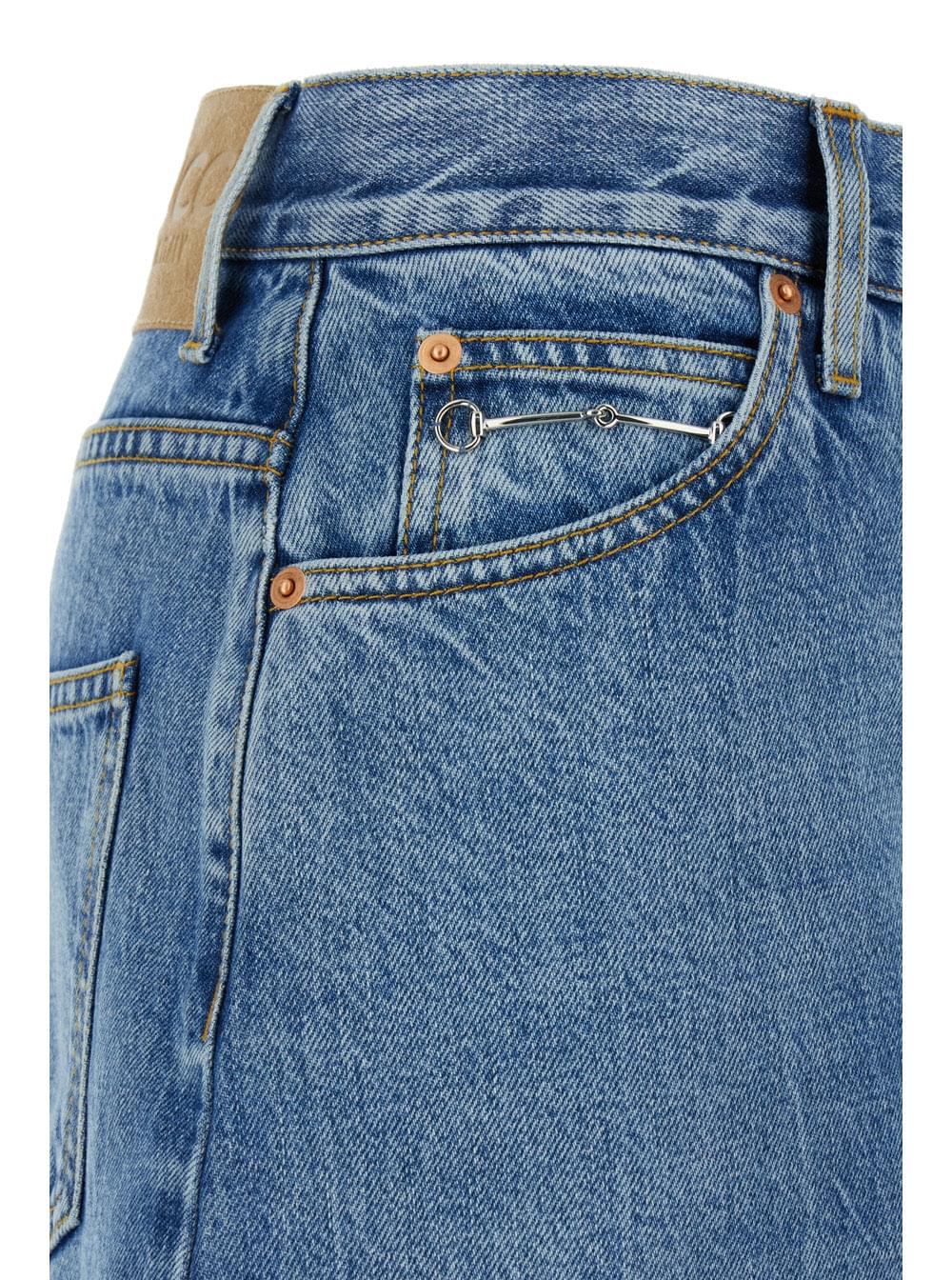 Gucci Women Light Blue Denim Midi Skirt With Horsebit In Cotton Woman
