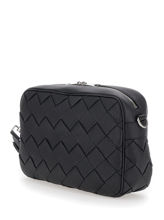Bottega Veneta Men 'Messenger Medium' Black Crossbody Bag With Intreccio Motif In Hammered Leather Man