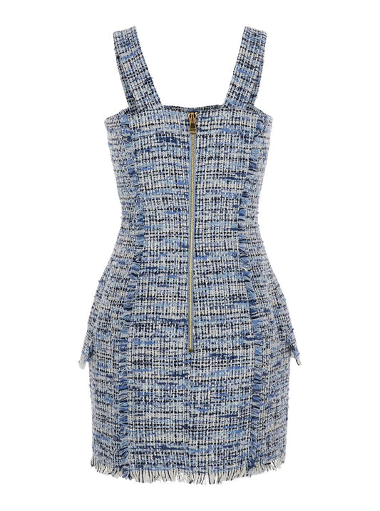 Balmain Women Blue Dress With Frayed Details In Tweed Woman