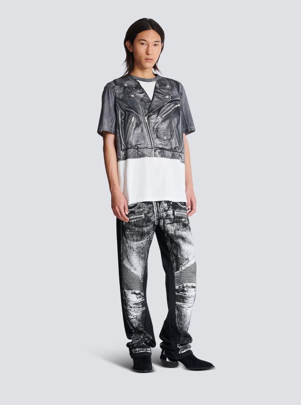 Balmain Men Black And White Crewneck T-Shirt With Layered Design In Cotton Man