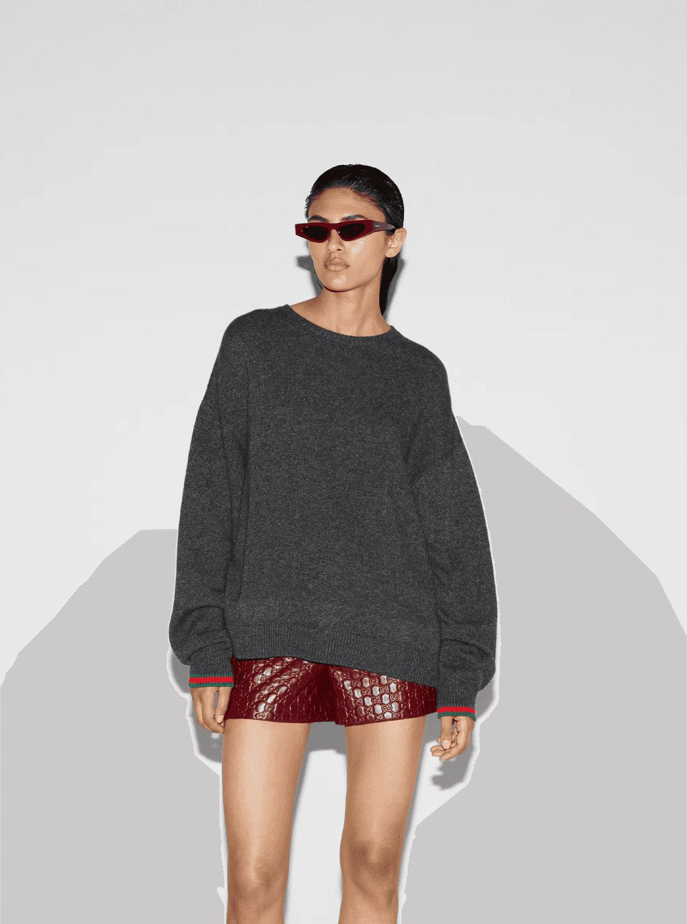 Gucci Women Grey Crewneck Sweater With Web Detail On The Cuffs In Wool And Cashmere Blend Woman