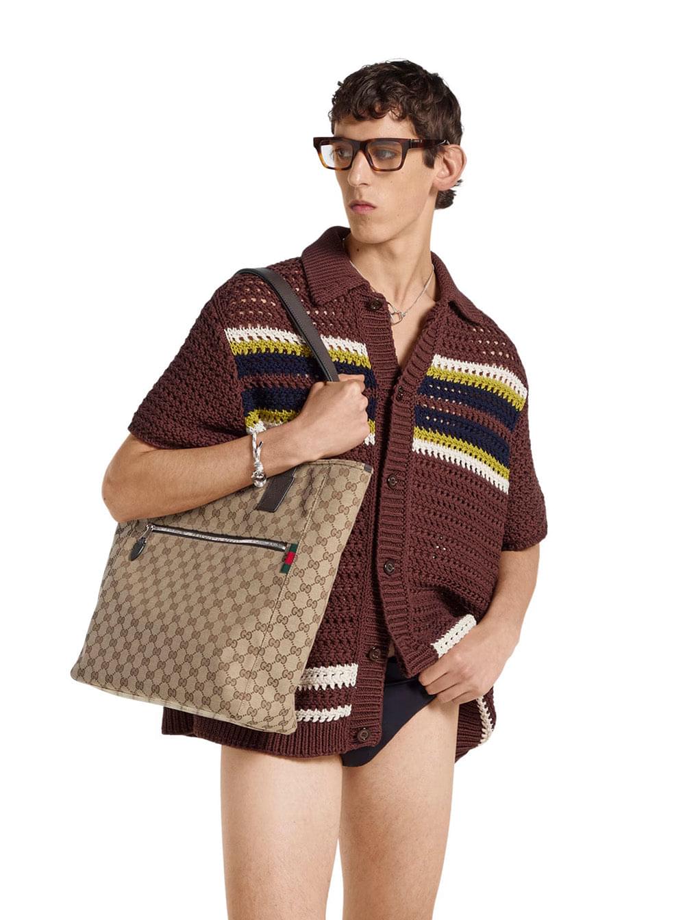 Gucci Men Beige Tote Bag With Two Top Leather Handles And Front Zip Pocket In Gg Canvas Man