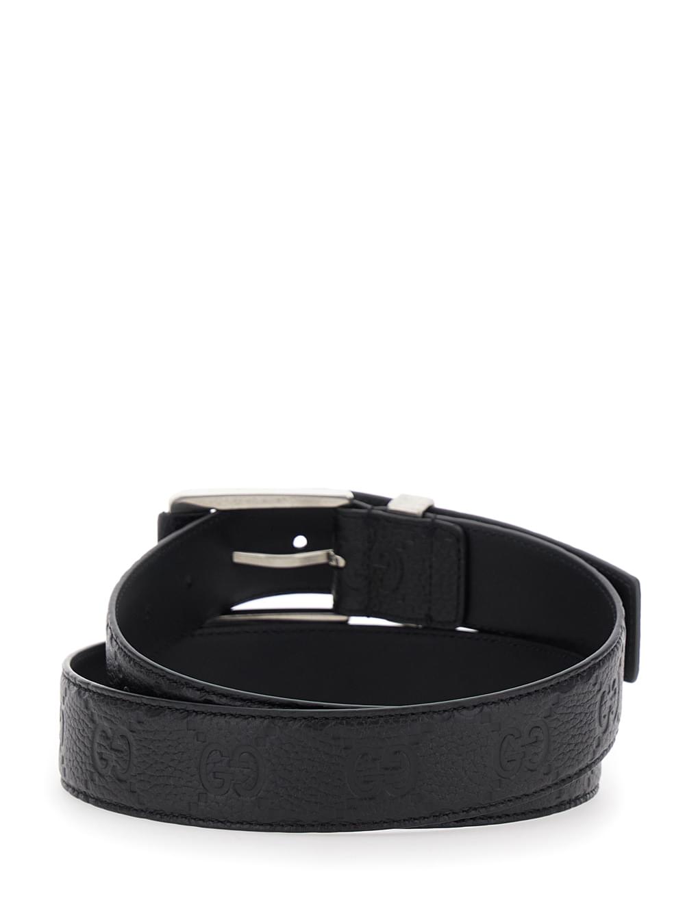 Gucci Men Black Belt With Square Buckle And All-Over Embossed Gg Logo In Grained Leather Man