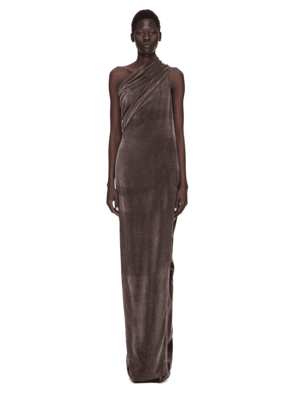 Rick Owens Women 'Athena Arrowhead' Brown Asymmetric Long Dress With Ruched Neckline And Side Single Slit In Viscose Blend Woman