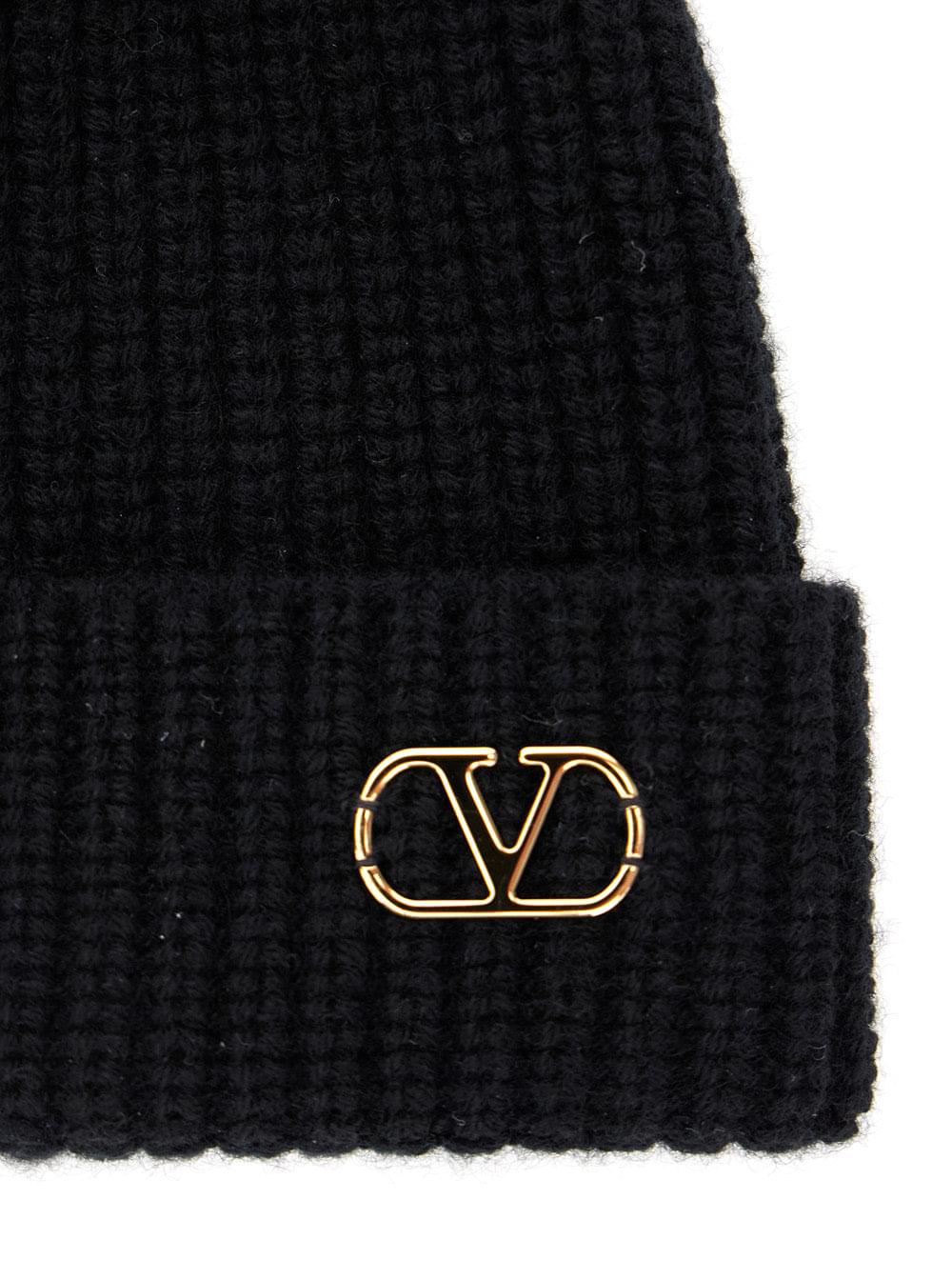 Valentino Garavani Men Black Knit Beanie With Vlogo On The Front In Cashmere Man