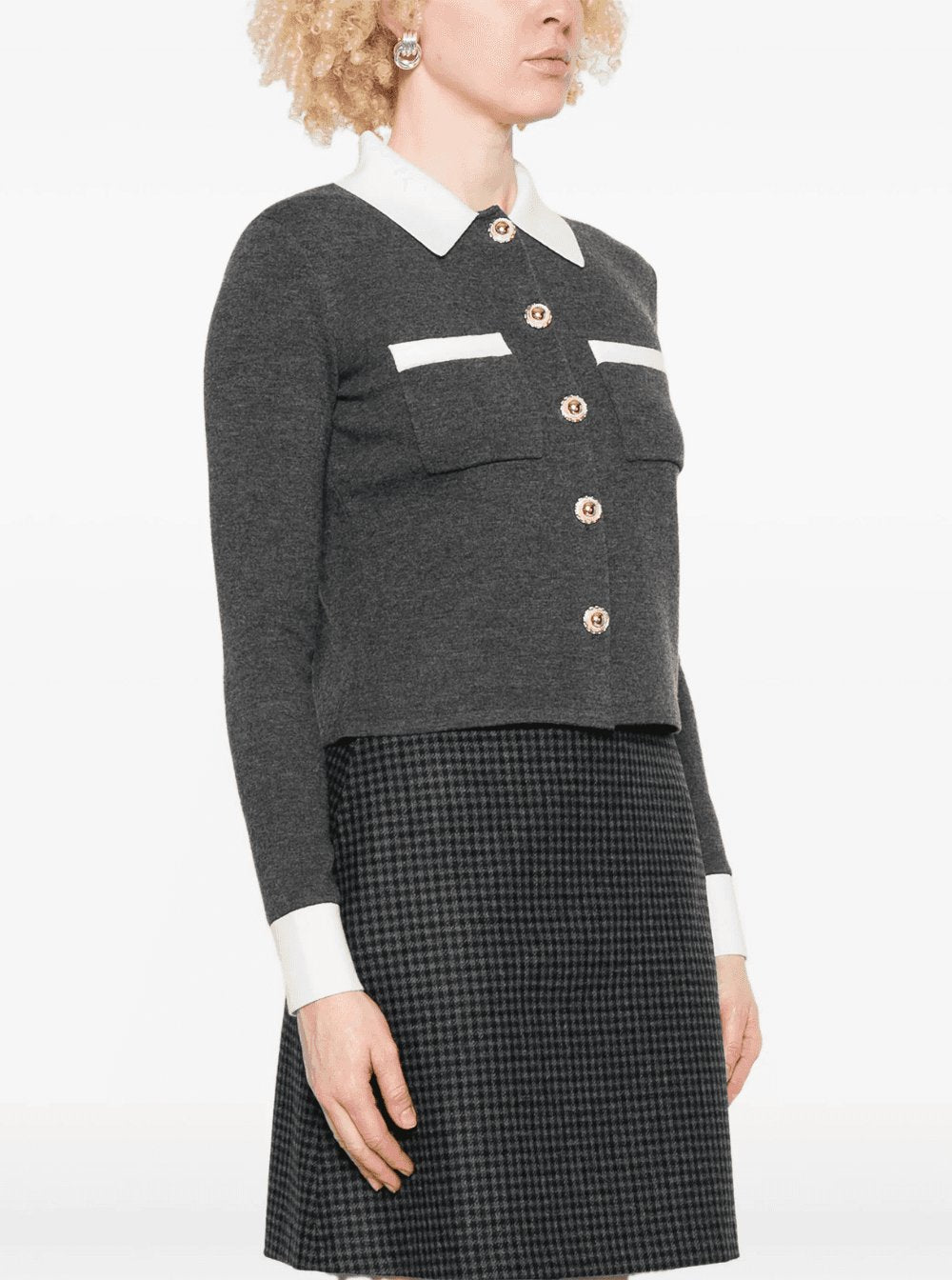 Self-Portrait Women Grey Cropped Cardigan With Contrasting Classic Collar And Two Front Patch Pockets In Wool Blend Woman