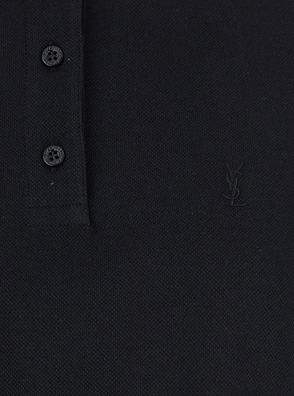 Saint Laurent Women Black Oversize Polo Shirt With Classic Collar And Tonal Logo Embroidery On The Front In Cotton Piquet Woman
