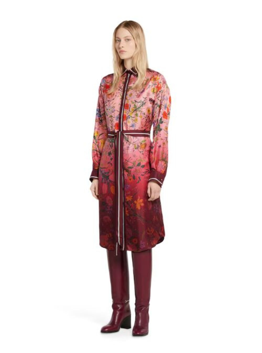 Gucci Women Bordeaux Gradient Dress With Removable Belt And All-Over Flora Print In Silk Woman