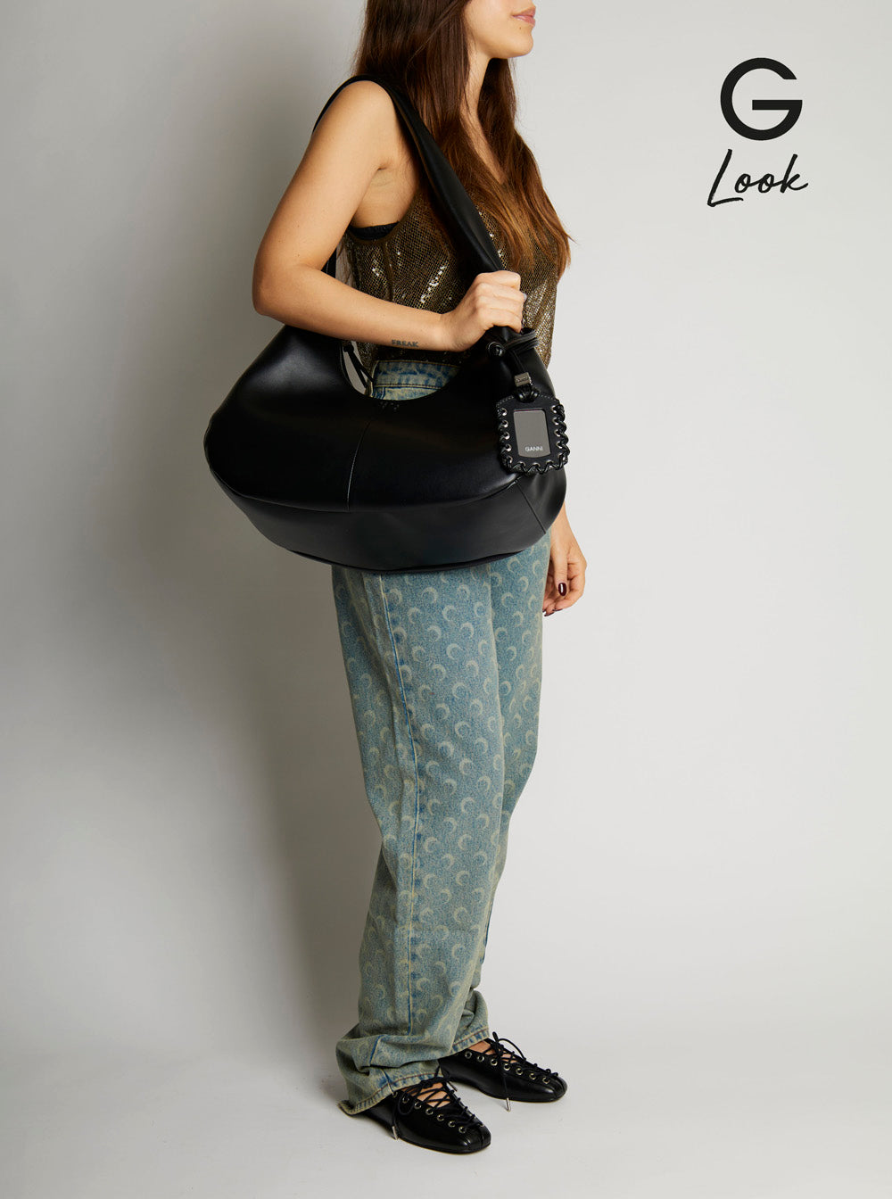 Ganni Women 'Bou Bag Hobo Medium' Black Shoulder Bag With Shoulder Strap And Removable Logo Patch In Leather Woman