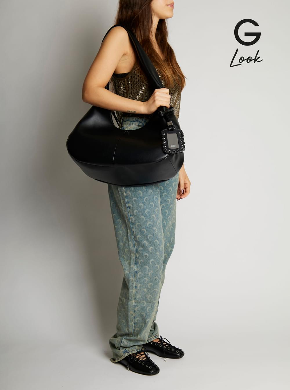 Ganni Women 'Bou Bag Hobo Medium' Black Shoulder Bag With Shoulder Strap And Removable Logo Patch In Leather Woman