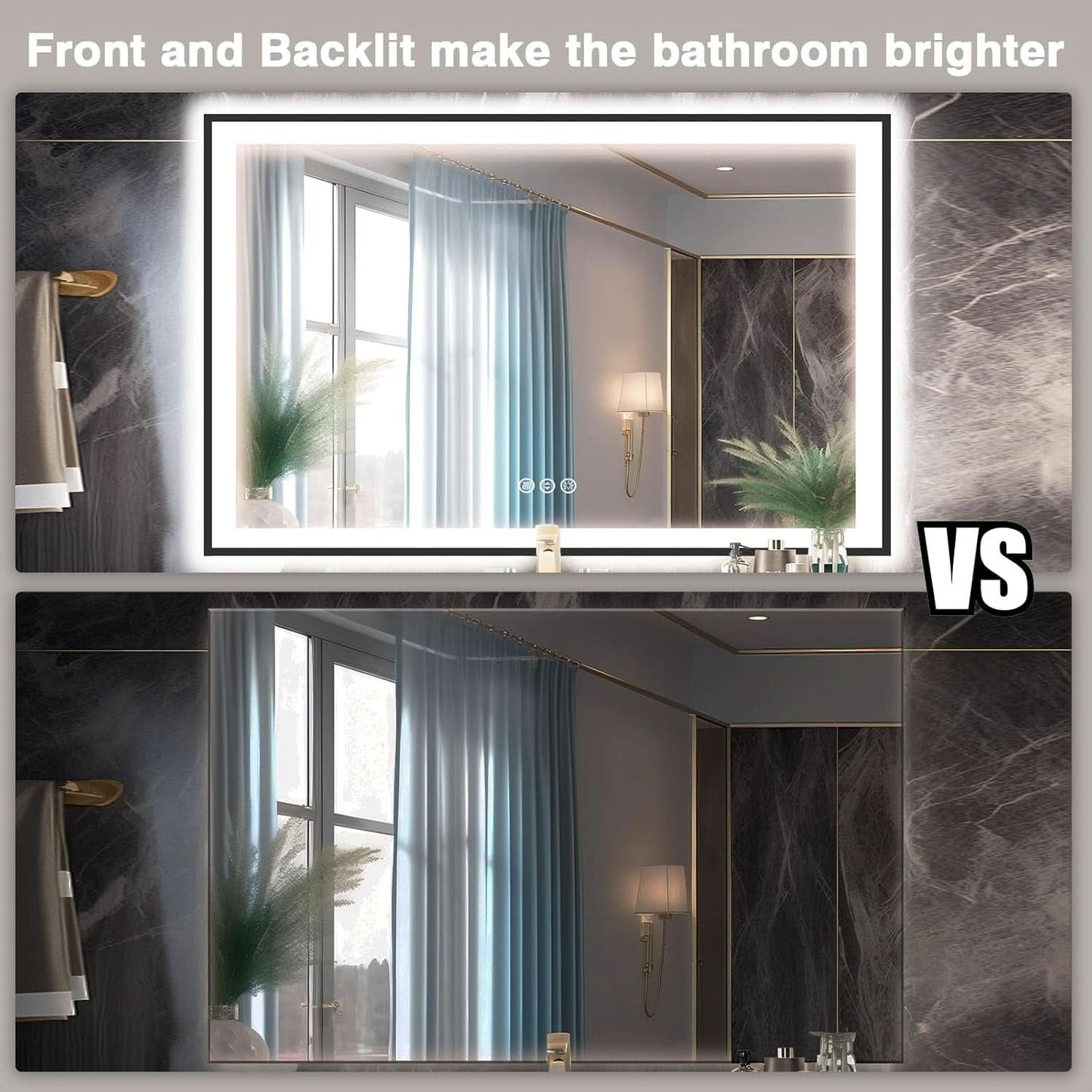 60X40 Matte Black LED Bathroom Mirror With Dimmable Lights