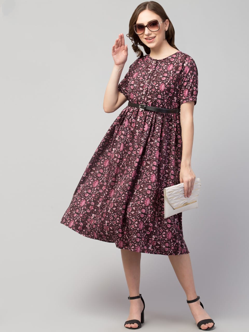 PAVONINE Wine Color Jaipuri Print Belt Dress For Women