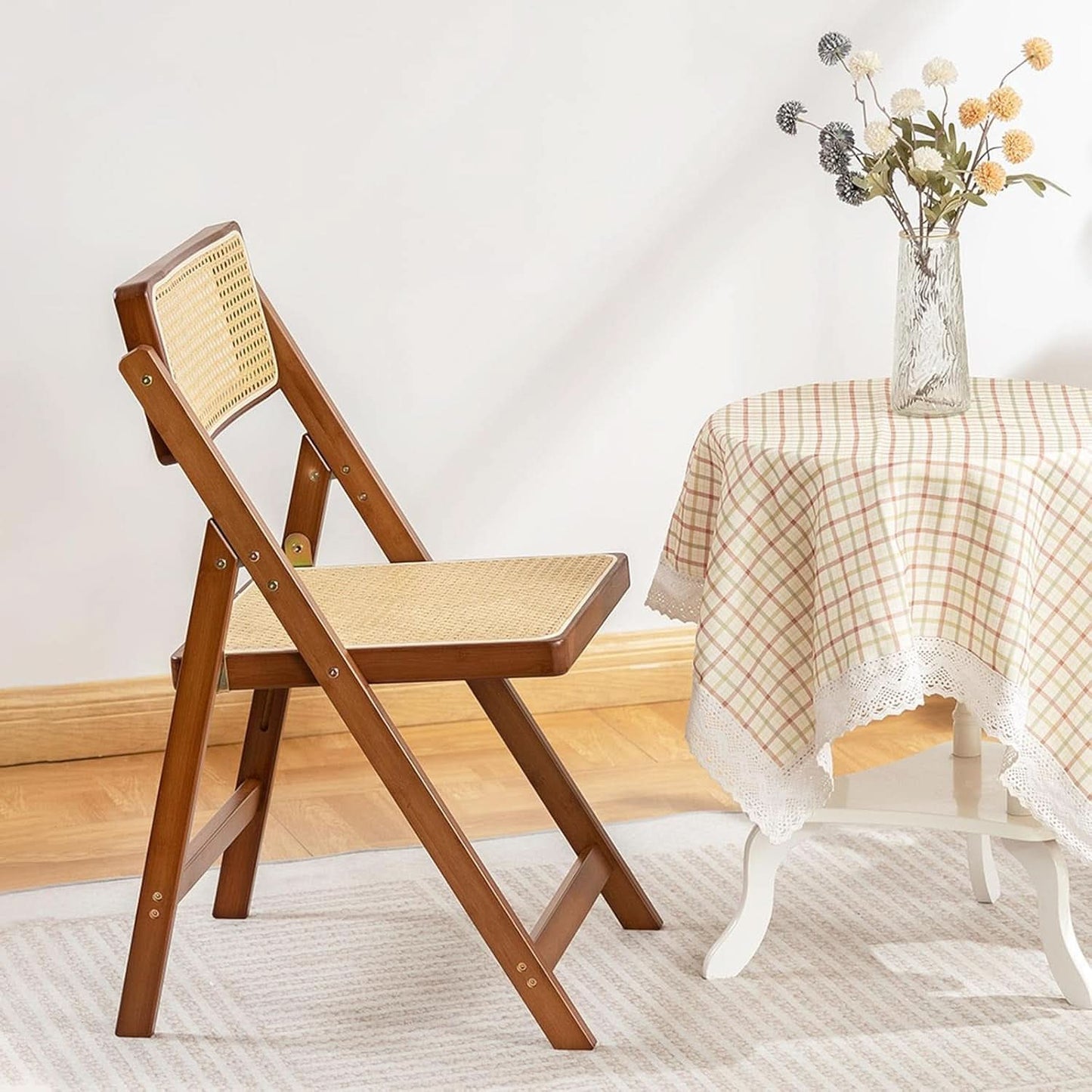 Rattan Folding Chair Walnut Finish Indoor Outdoor Dining