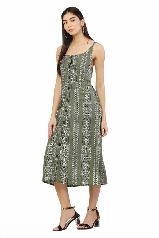 PAVONINE Pista Color Printed Shoulder Strap Dress For Women