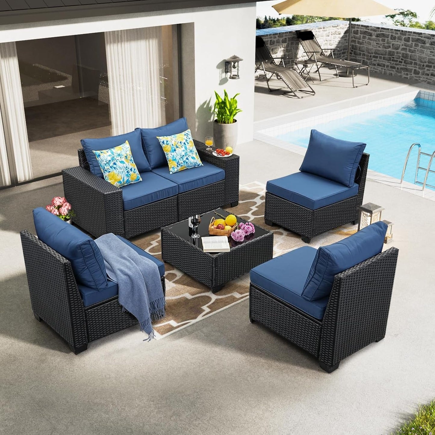 Six Piece All Weather Outdoor Wicker Sectional Sofa Set