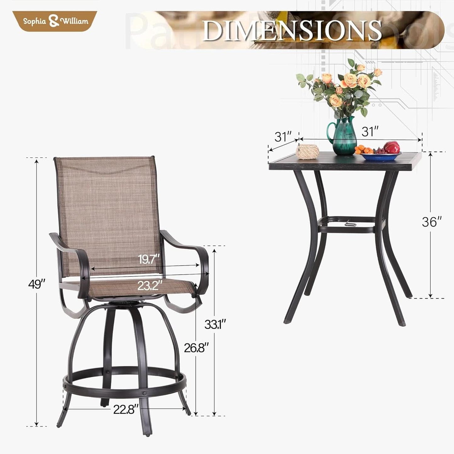 Counter Height Outdoor Bar Set With 2 Swivel Chairs