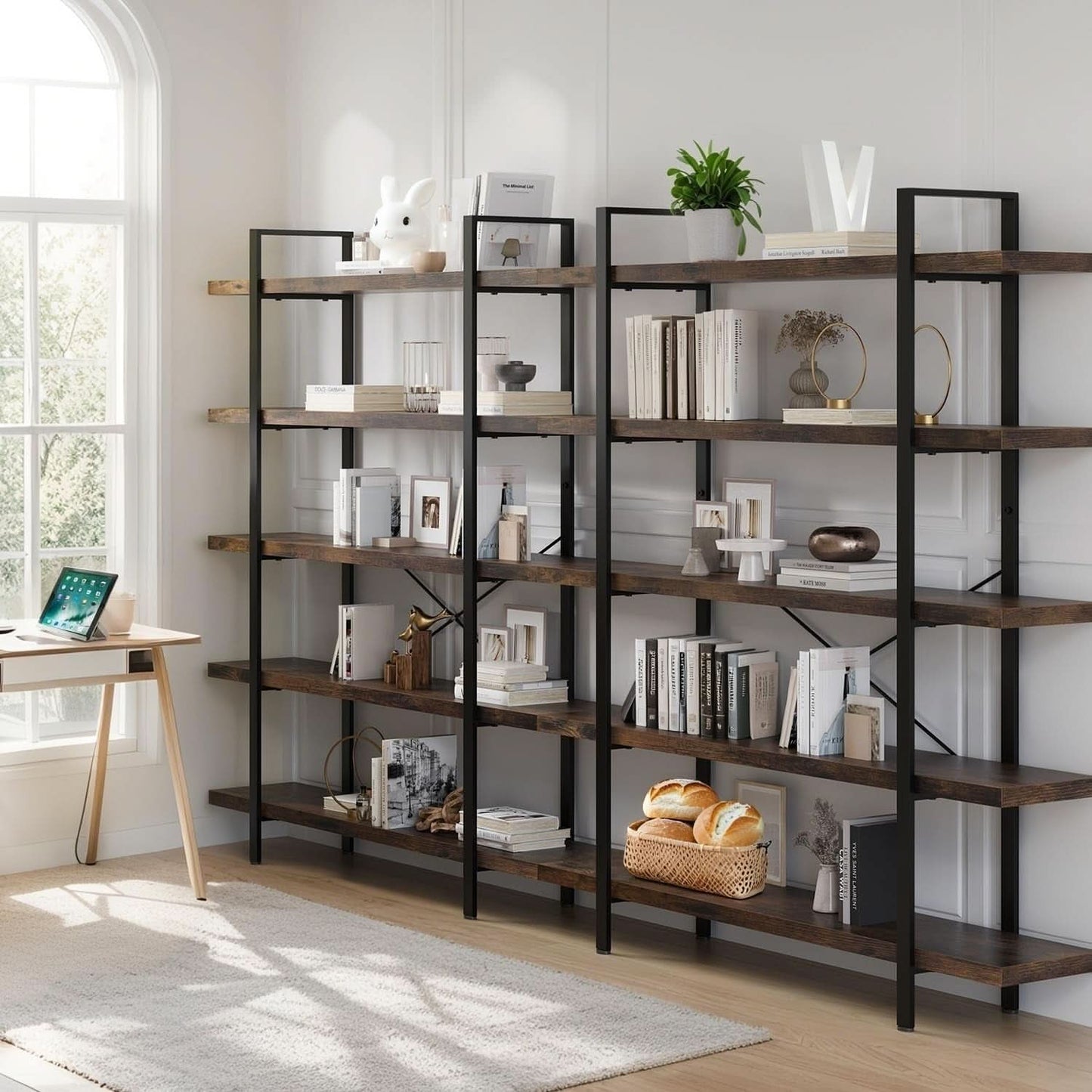 Brown 47 Inch Wide Industrial Bookcase Open Shelves