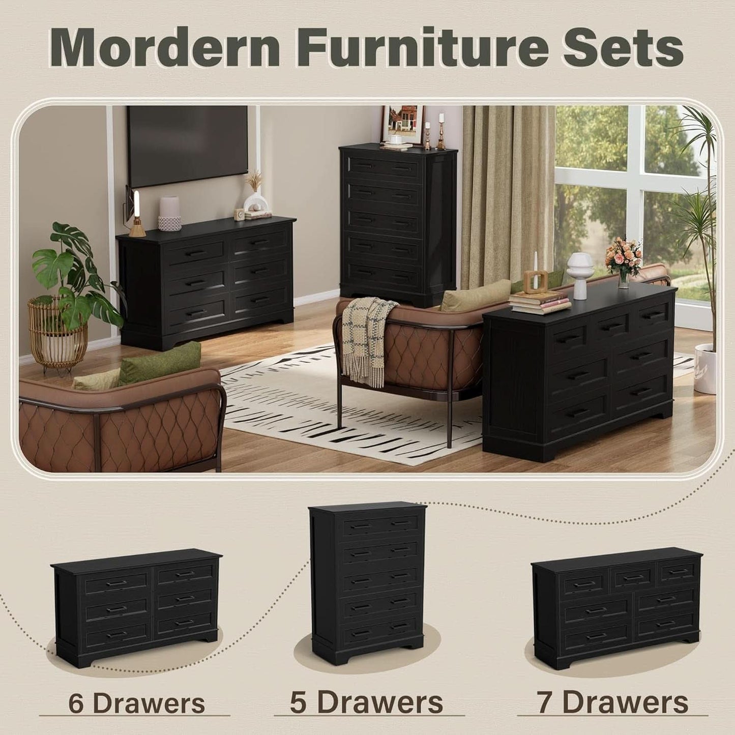 Seven Drawer Dresser For Bedroom Black Finish Storage