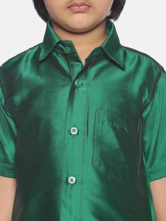 Sethukrishna Boys Green & White Solid Shirt and Dhoti Set