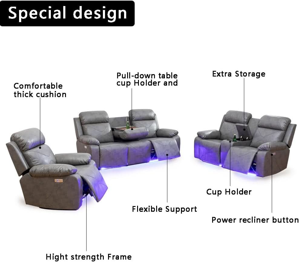 Power Leather Recliner Sofa Set, 2 Piece With LED Lights And USB Ports, Grey
