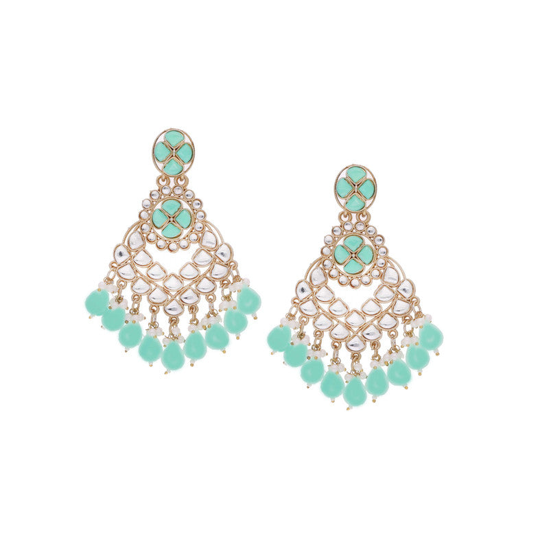 Tehzeeb Creations Gold Polish Kundan Sea Green Colour Earrings