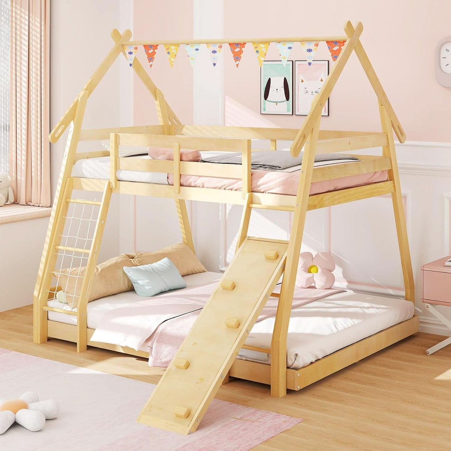Twin Over Queen Bunk Bed With Climbing Nets Ramp Natural