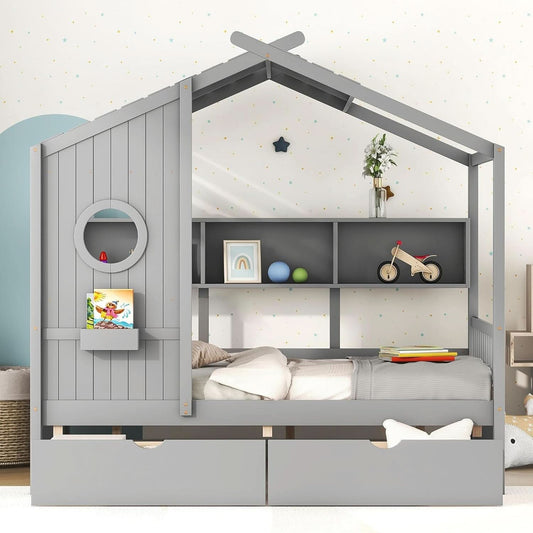 Kids Full Playhouse Bed With Drawers Shelves Storage
