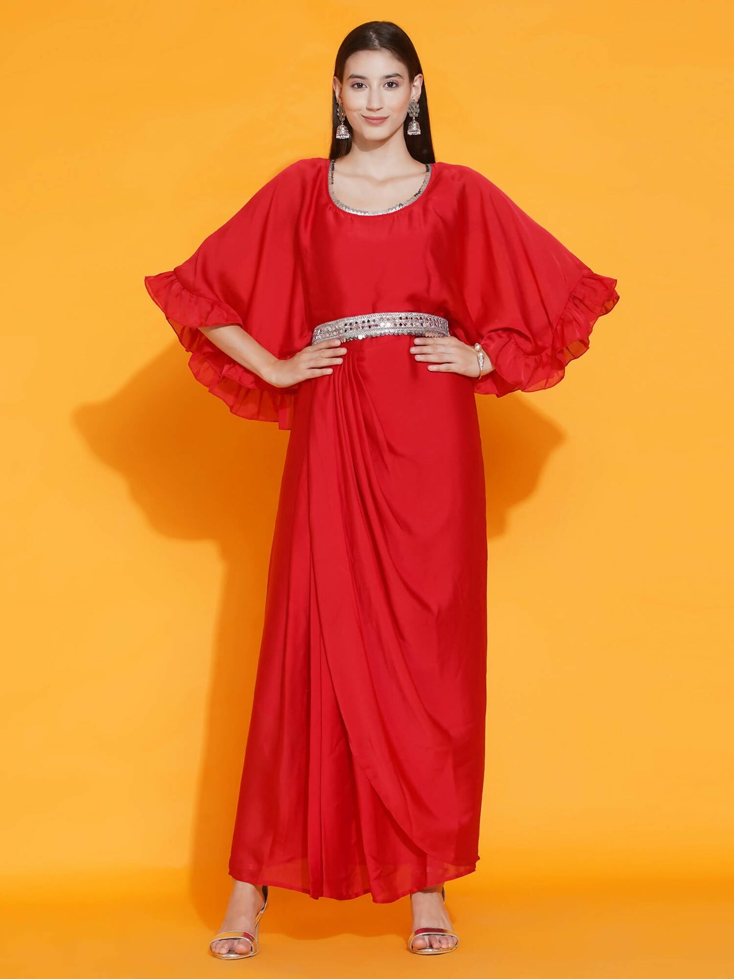 Women Republic Red Georgette Gown With Embellished Belt