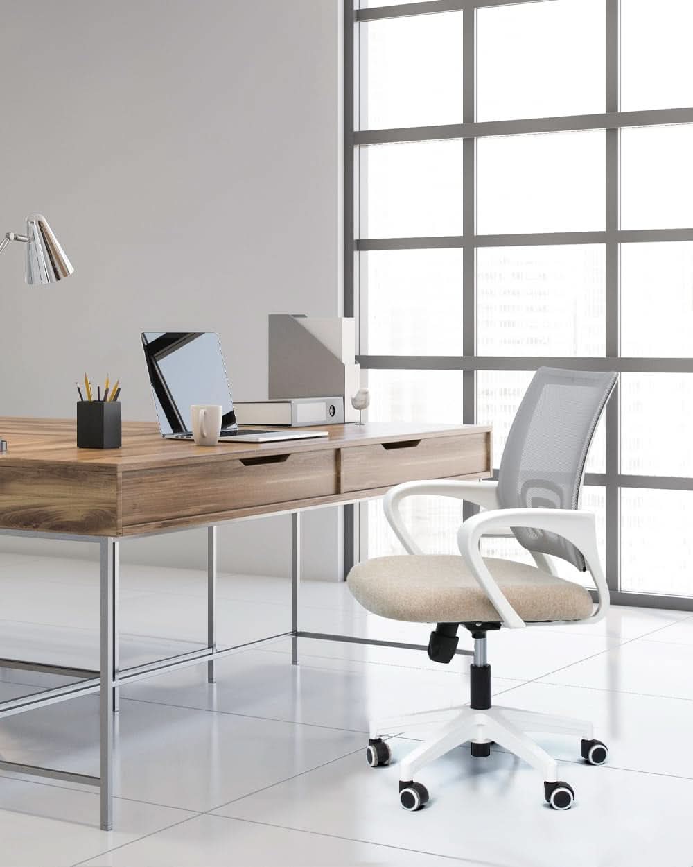 Ergonomic Beige Office Chair With Adjustable Lumbar Support